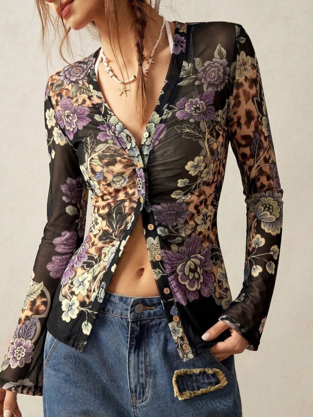 Black Casual Women's Boho Vacation Knit Mesh Printed Top - Picture 3 of 8